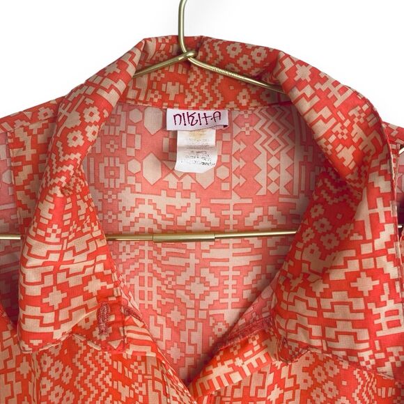 Nikia Sheer Cold Shoulder Collared Button Up Aztec Geometric Blouse Size 1XL 259 - Picture 2 of 4